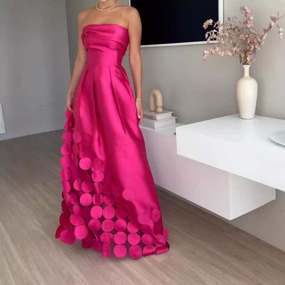 Stitching round Satin Sexy Tube Top High Waist Dress Evening Dress