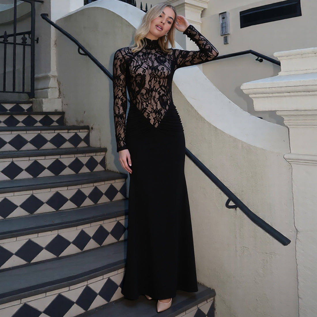 Autumn Winter Women Clothing High Neck Sexy Hollow Out Cutout out See through Lace Slim Fit Long Sleeved Elegant Dress