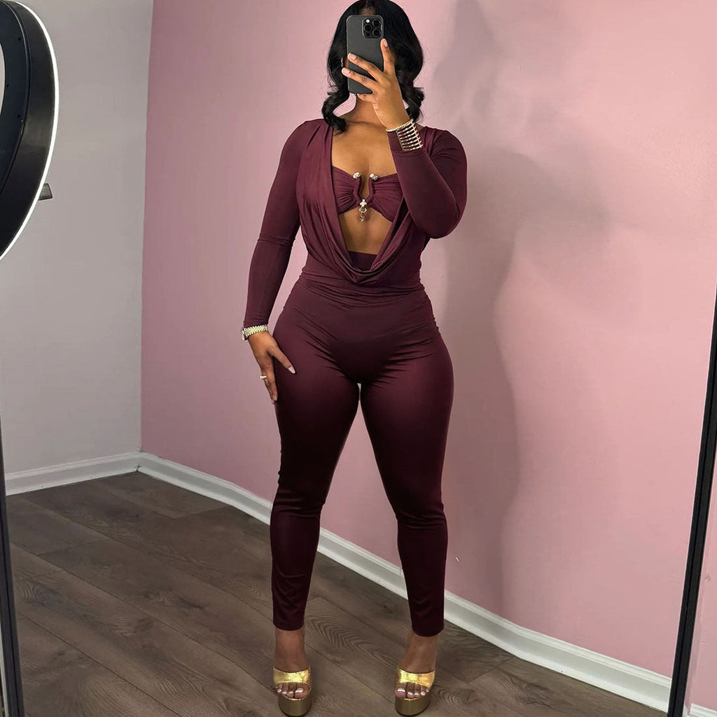Summer Women Sexy Bandeau Swing Collar Tight Waist Sheath Solid Color Jumpsuit