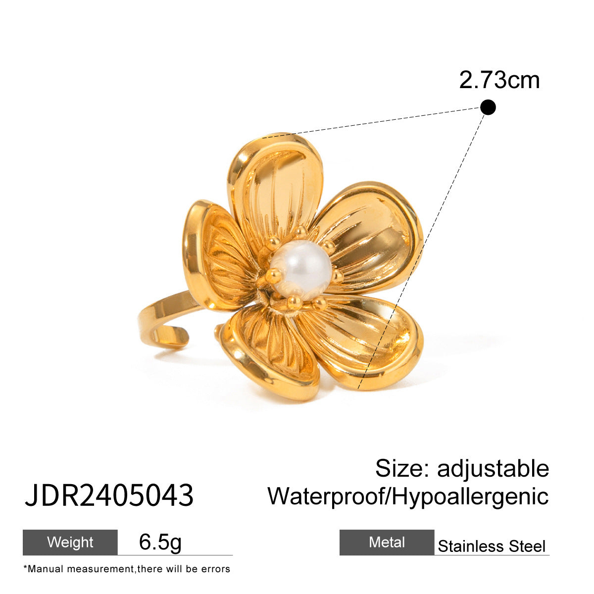 Stainless Steel Floral Pearl Ring Exaggerated High Sense Ring Titanium Steel Rings Ornament
