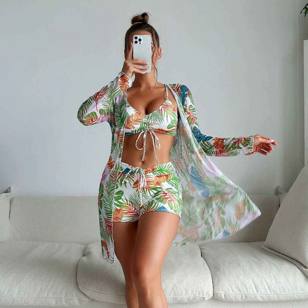 Swimsuit Women Split Three Piece Boxer Shorts Bikini Printed Rope Net Red Swimsuit