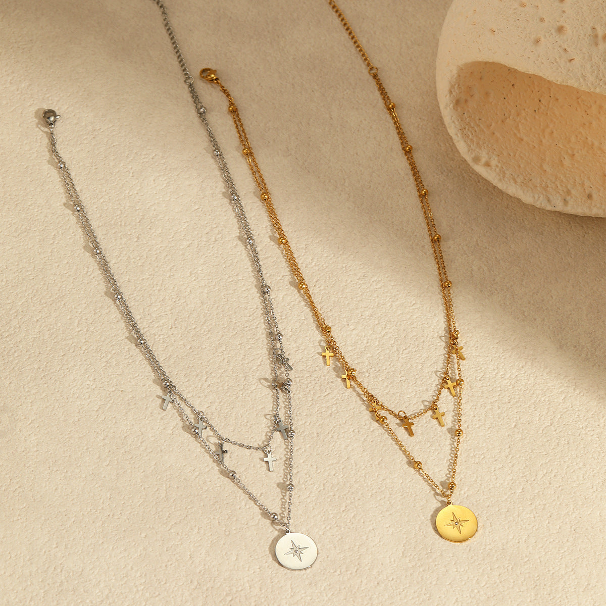 Retro Double Layer Twin Titanium Steel Necklace Cross Awn Star Round Brand Stainless Steel Necklace