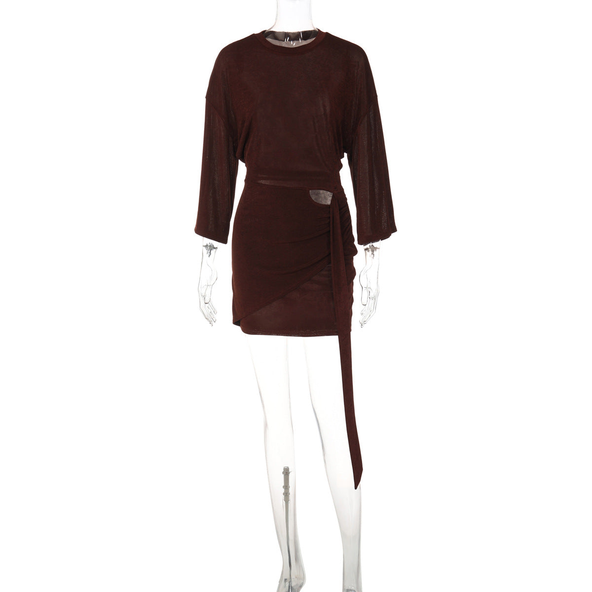 Women Clothing Autumn Dignified Hollow Out Cutout Lace up Waist Controlled Slimming Sheath Dress