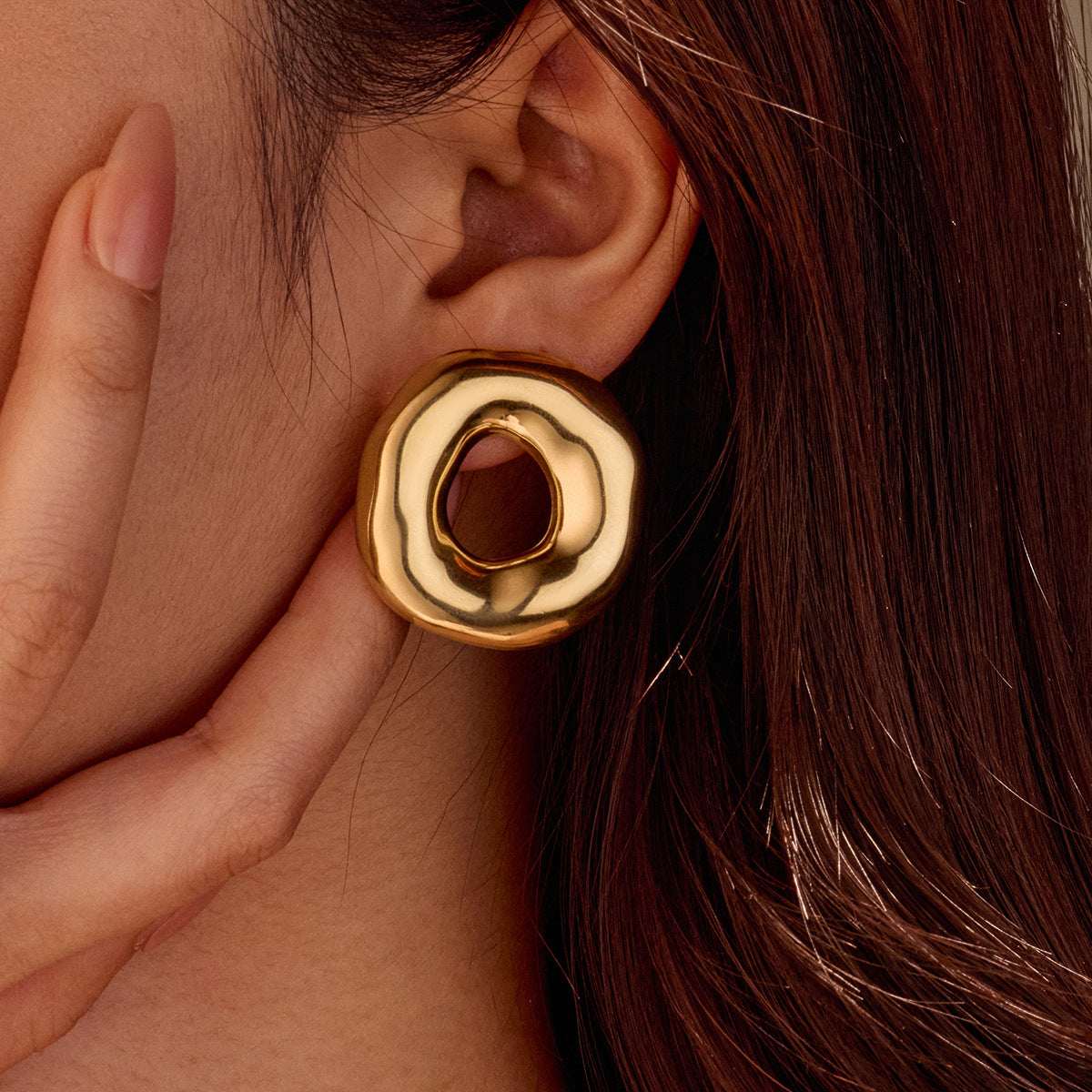 Hollow Out Cutout Irregular Asymmetric Hollow Out Cutout round Stainless Steel Studs 18K Gold Women Titanium Steel Earrings Earrings