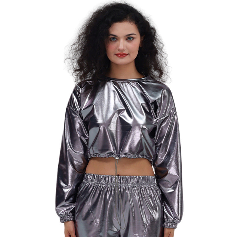 Bronzing Bright Leather Sexy Cropped Long Sleeve Hooded Pullover Short Drawstring Sweatshirt