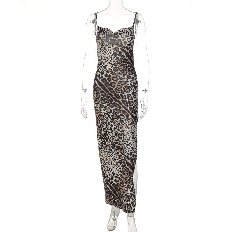 Women Clothing Summer Printed Sexy Backless Slit Strap Dress