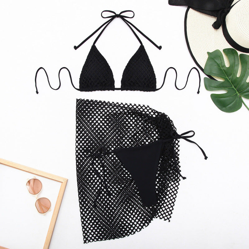 Swimsuit Women Solid Color Split Mesh Swimsuit Three Piece Sets Bikini Swimsuit