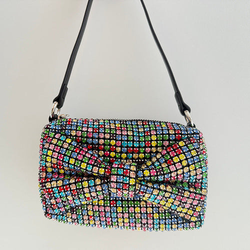 Chic Bow Classic Small Square Bag Full Diamond Party Rhinestone Clutch Chain Shoulder Crossbody Women Trendy Bag