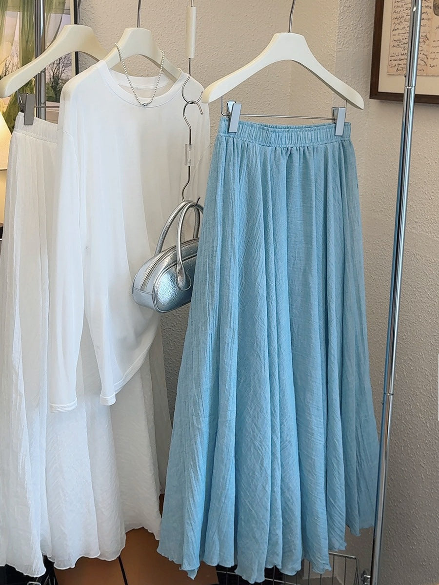 Ice Tencel Cotton Linen Texture Pleated Skirt Women Summer Drape Casual Swing A line Umbrella Skirt Long Skirt