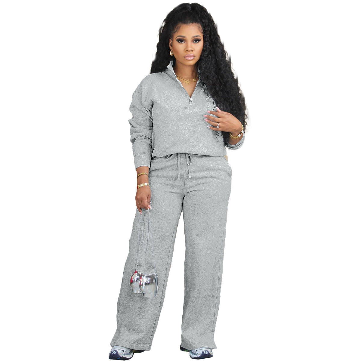 Women Clothing Autumn Winter Solid Color Loose Zip Drawstring Pants Sports Two Piece Set
