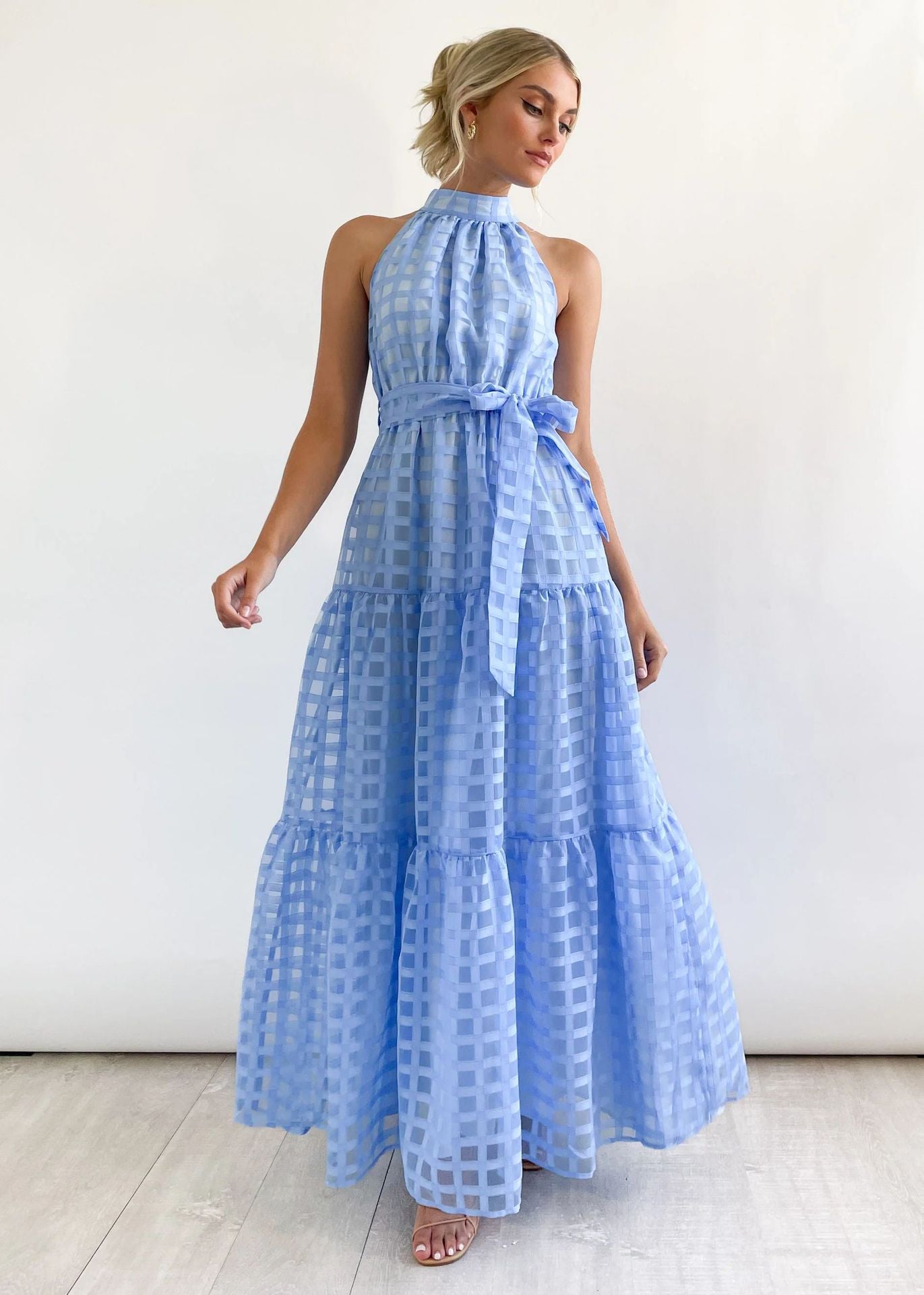 Spring Summer Stand Collar Solid Color Plaid Retro Maxi Dress Casual Dress for Women