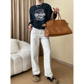 Mottled Tone Casual Letter Graphic Printed Casual round Neck Loose Shoulder Sweatshirt