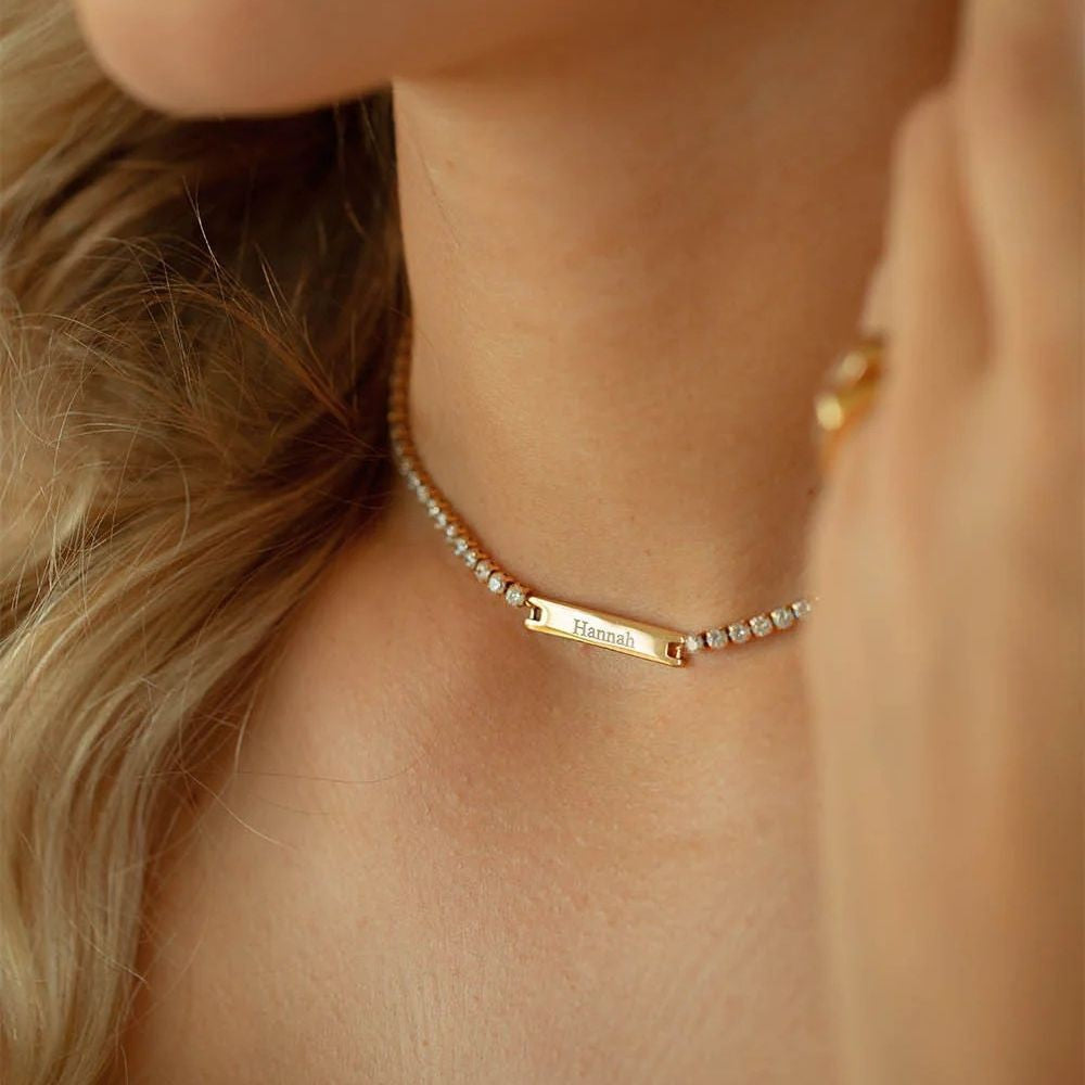 in DIY Lettering Square Plate Diamond Titanium Steel Necklace Women Fashionable Temperamental All Match 18K Gold Stainless Steel Embellished
