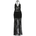 Autumn Winter Women Sexy Lace Stitching Halter Split Maxi Dress