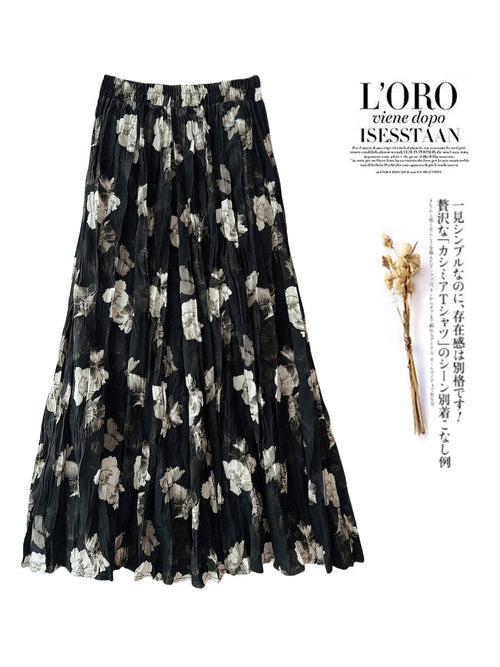 Camellia Retro Pleated Skirt Summer Printed Cover Slimming Large Hem Casual Dress