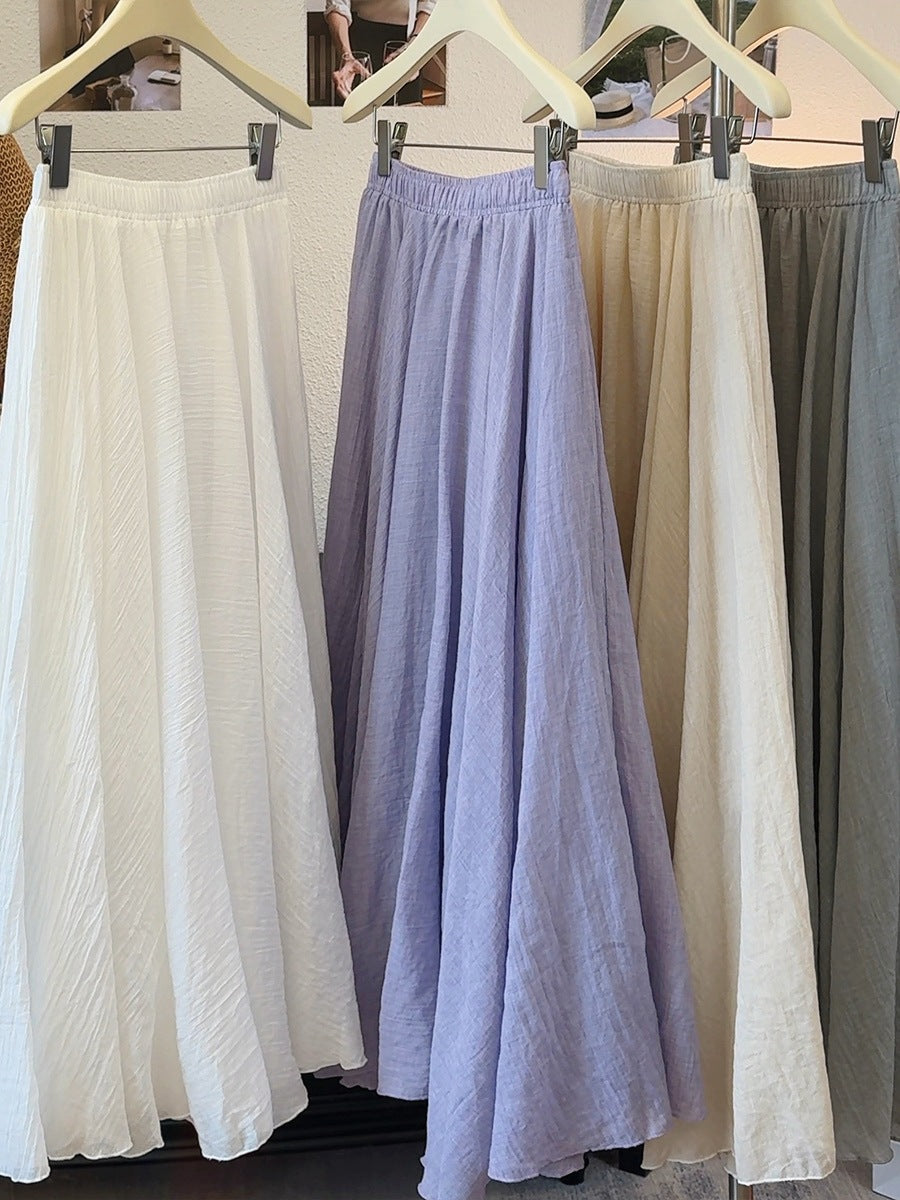 Ice Tencel Cotton Linen Texture Pleated Skirt Women Summer Drape Casual Swing A line Umbrella Skirt Long Skirt