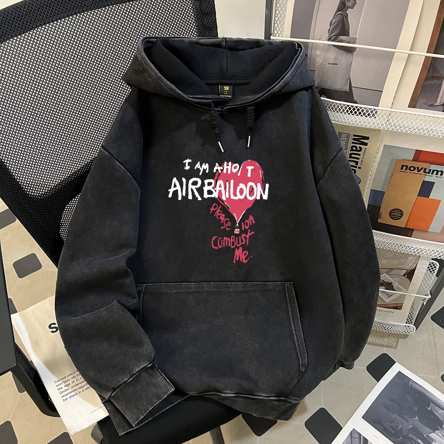 Casual All Match Washed Pure Cotton Chinese Cotton Composite Hooded Sweater Trend Retro Washed Distressed Batik Top