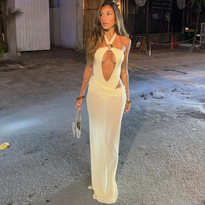 Summer Women Clothing Solid Color Sexy Cutout Halter Slim Fit Jumpsuit Sheath Skirt Set