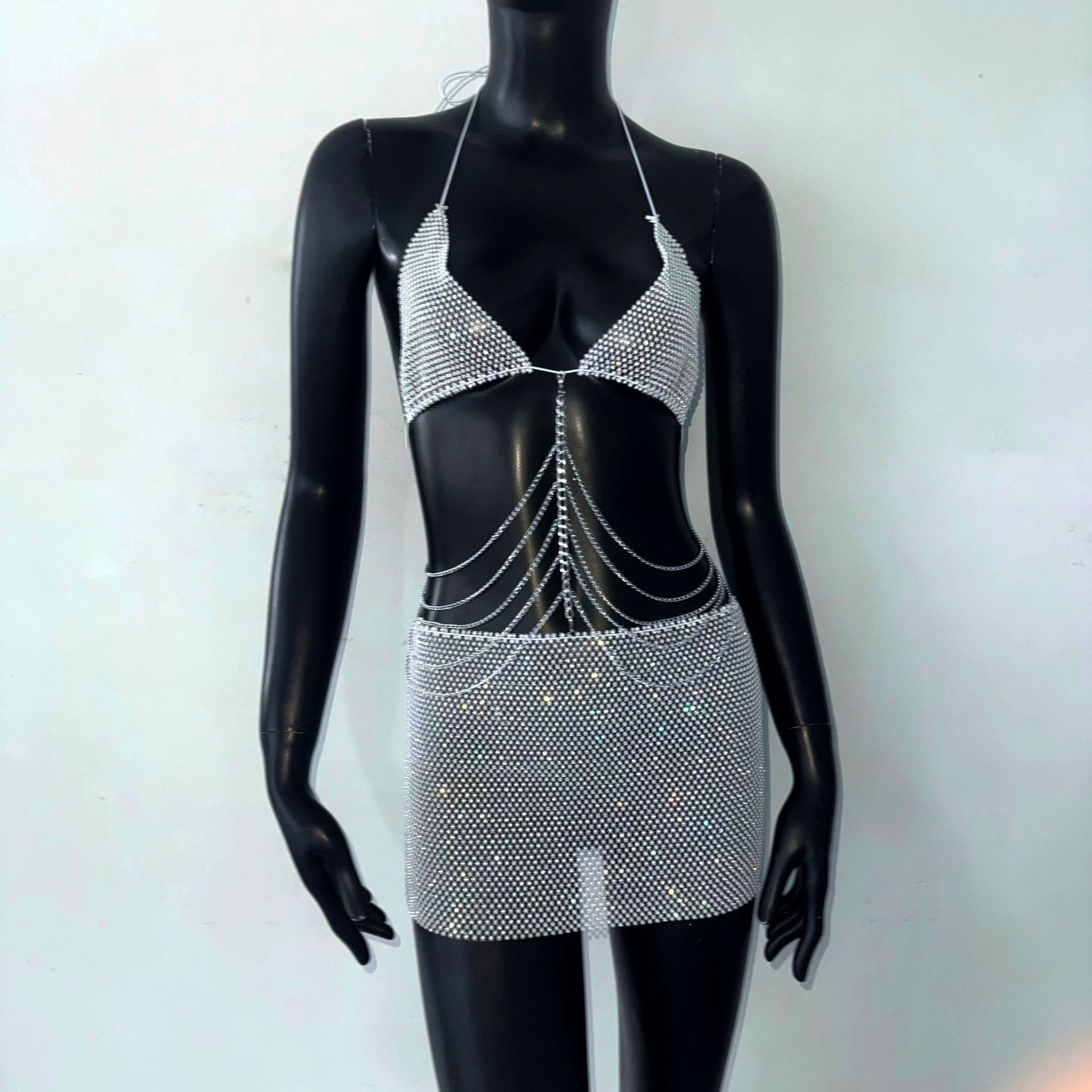 Dress Winter Chain Lace up Halterneck Dress Nightclub Mini Dress Women