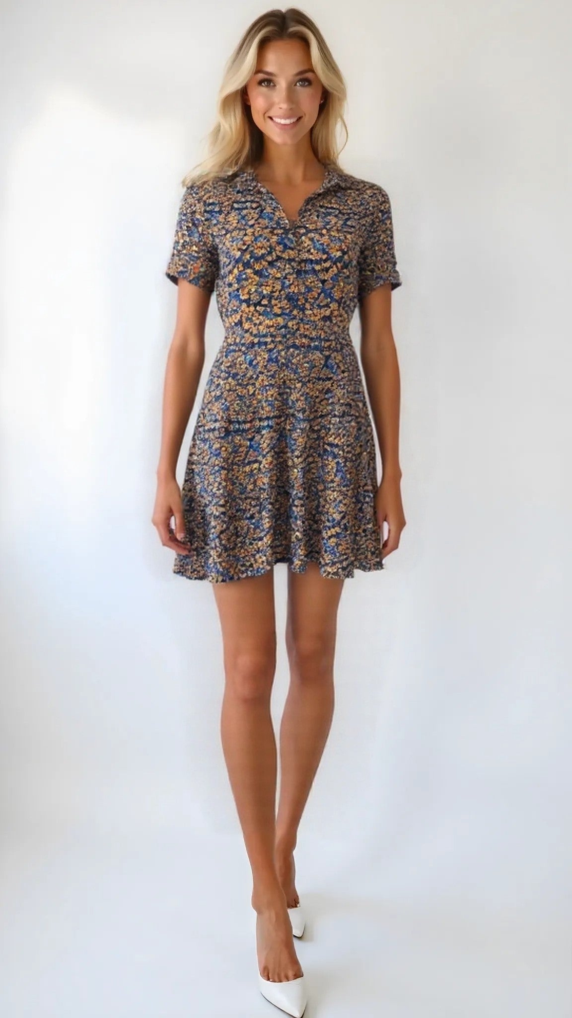 Calvin Klein Multicolor Floral Print Button Front Short Sleeve Mini Dress