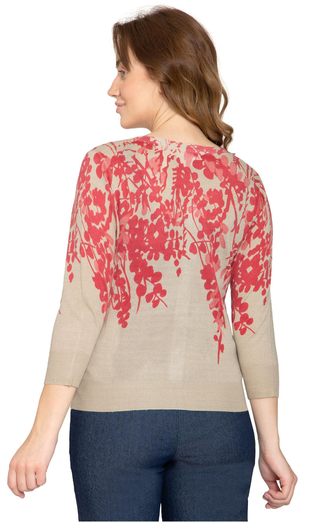 Women's 3/4 Sleeve Knit Printed And Embellished Cardigan Sweater