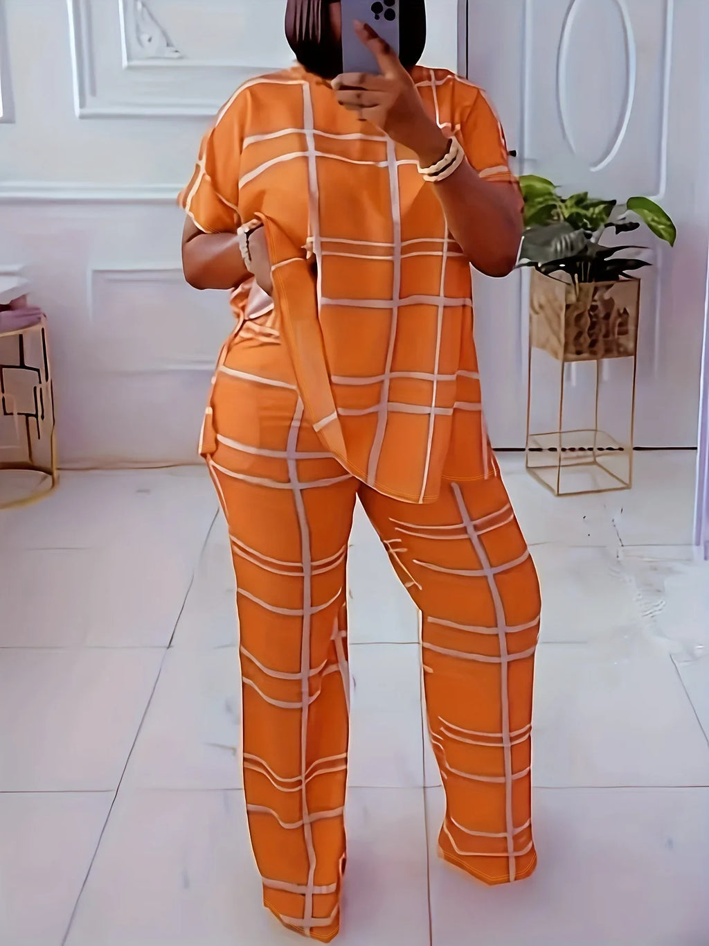 Elements Striped Grid Printed Casual Round Neck  Two Piece Set