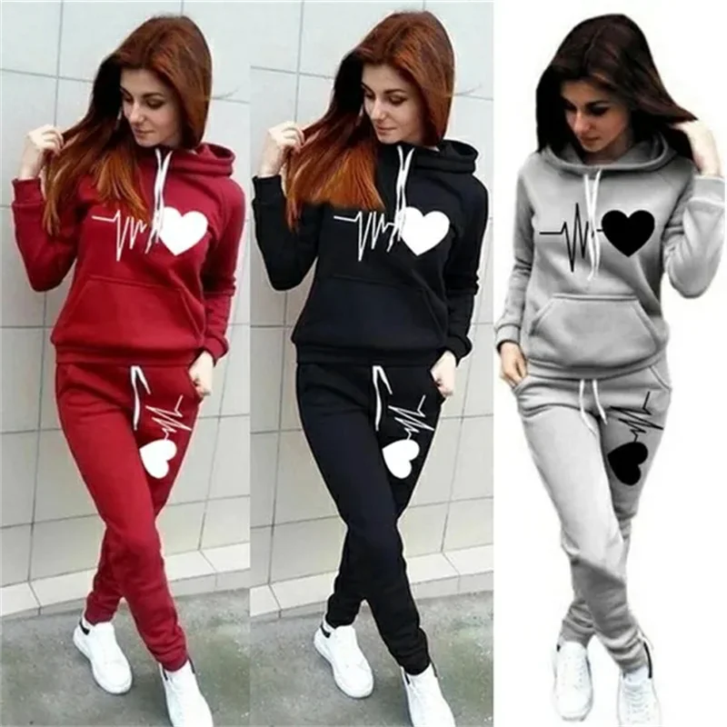 Heart Print Plus Size Hoodie & Sweatpants Set