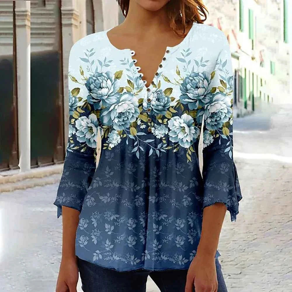 Elegant V-Neck Button T-Shirt - Women's Fashion