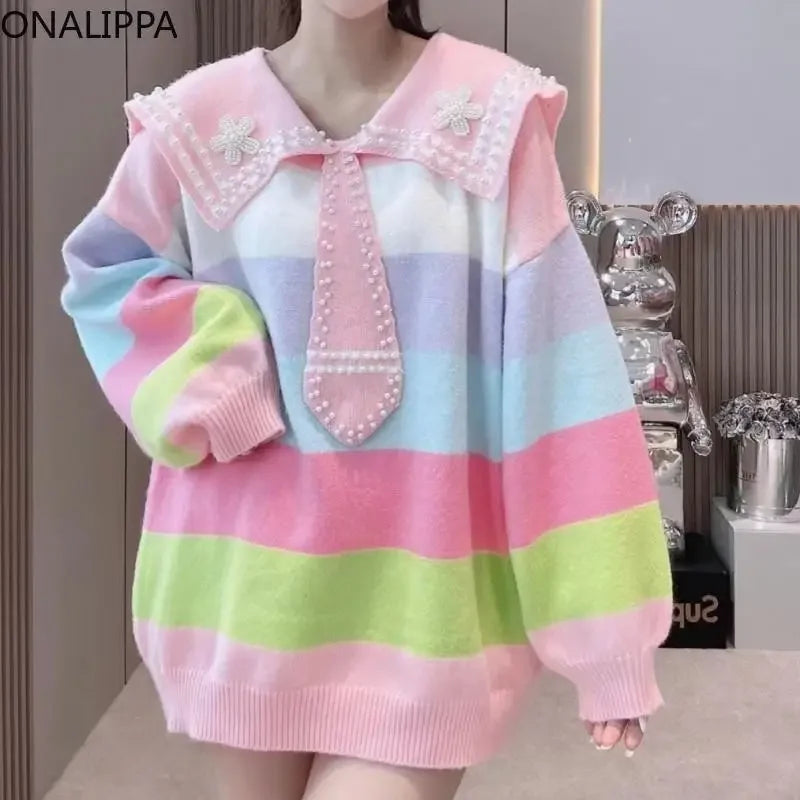 Pastel Rainbow Striped Sailor Sweater