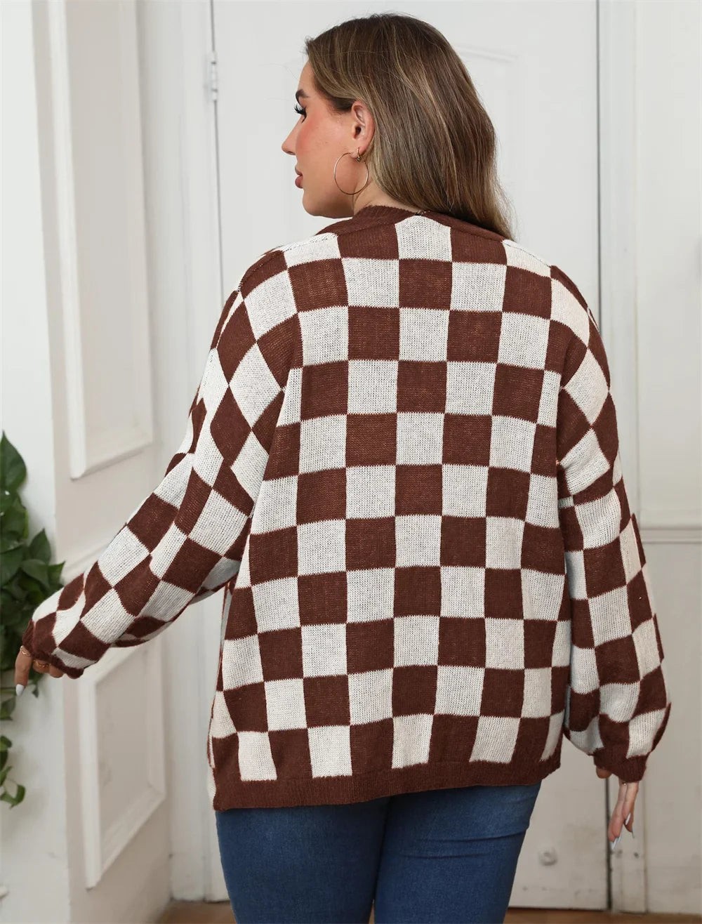 Plus Size Plaid Open Front Knitted Cardigan
