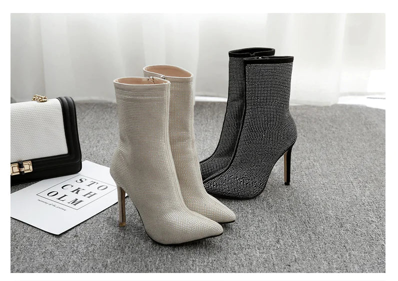 Rhinestone High Heel Boots with Pointed Toe