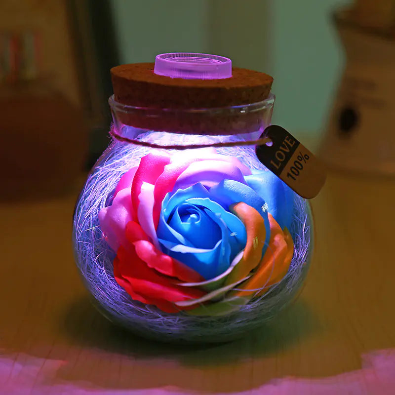 Lucky Star Glass Bottle Soap Flower Night Light with Optional Remote