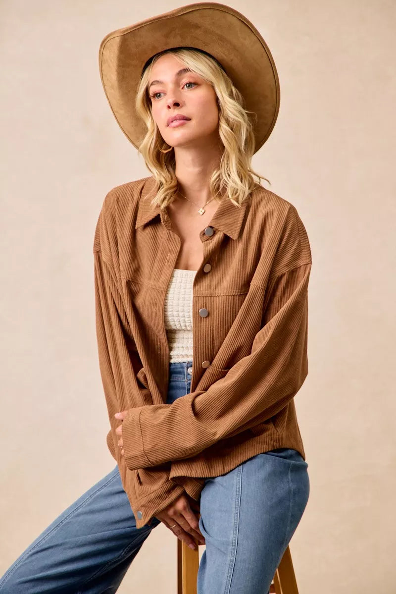 BiBi Corduroy Relaxed Fit Shacket with Back Pleat