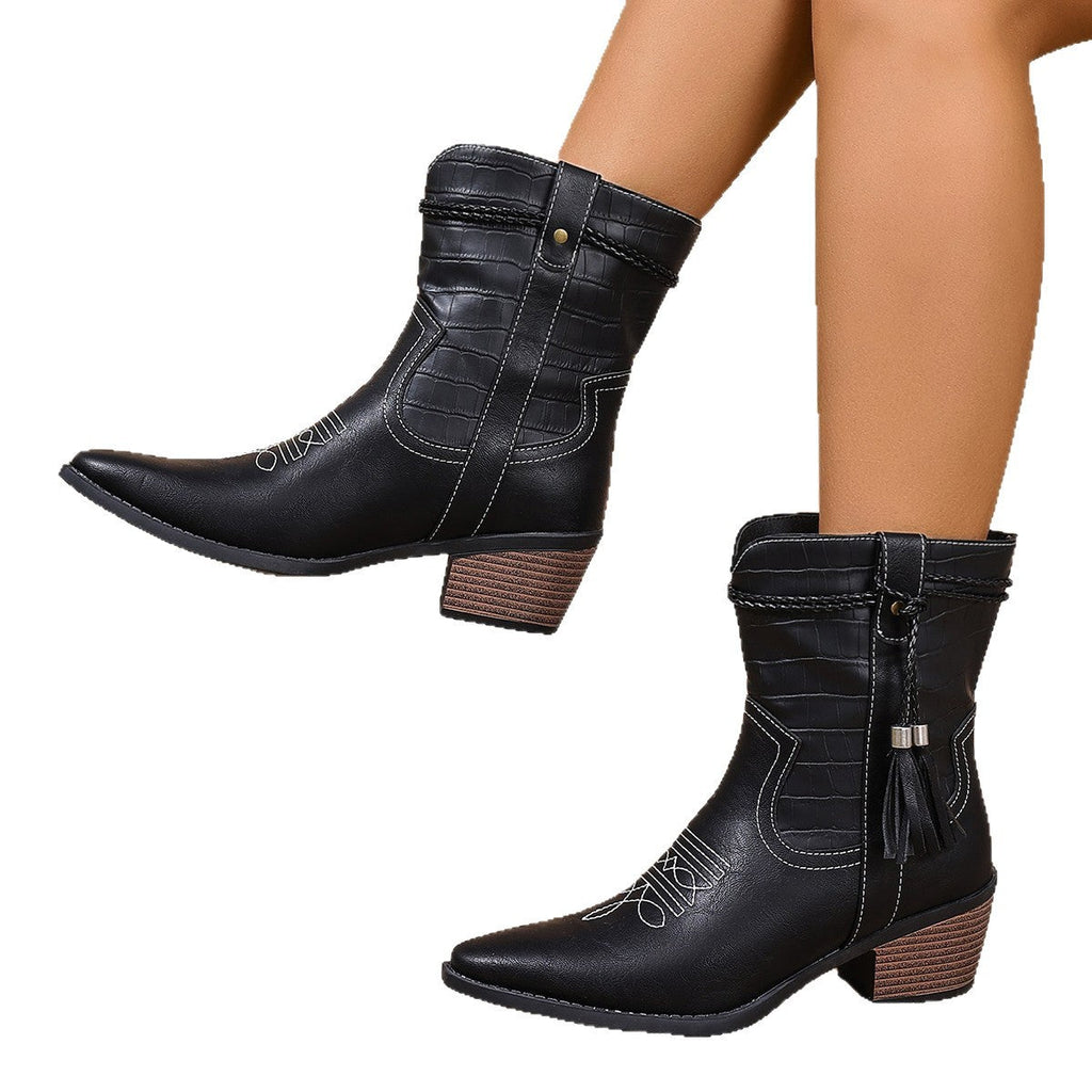 Women's Pointed-Toe Square-Heel Mid-Calf Denim Boots - Vintage Slip-On Boots