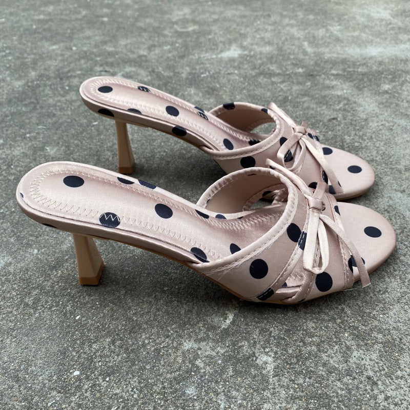 Women's Polka-Dot Bow-Knot Slippers - Elegant Satin High Heel Slip-On Shoes