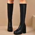 Women's Chunky Heel Leather Boots - High Shaft Round Toe Lace-Up Winter Boots