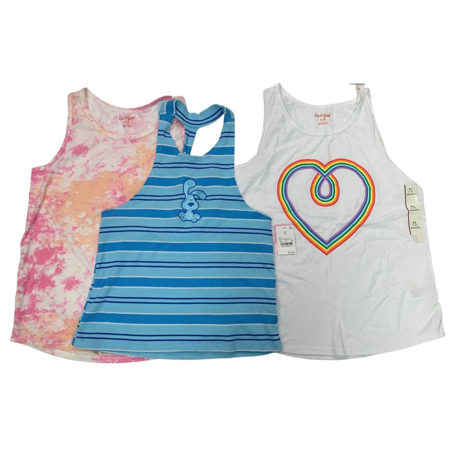 Lot of 3 New Cat & Jack Blues Clues Girls XL (14) Striped TieDye Heart Tank Tops