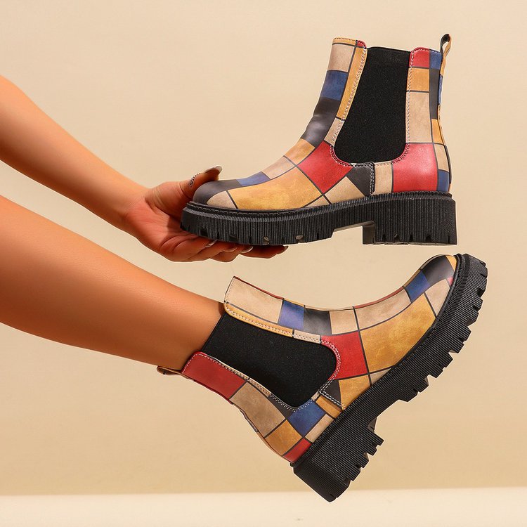 Women's Color Block Mid-Calf Boots - High Heel Slip-On Shaft Boots