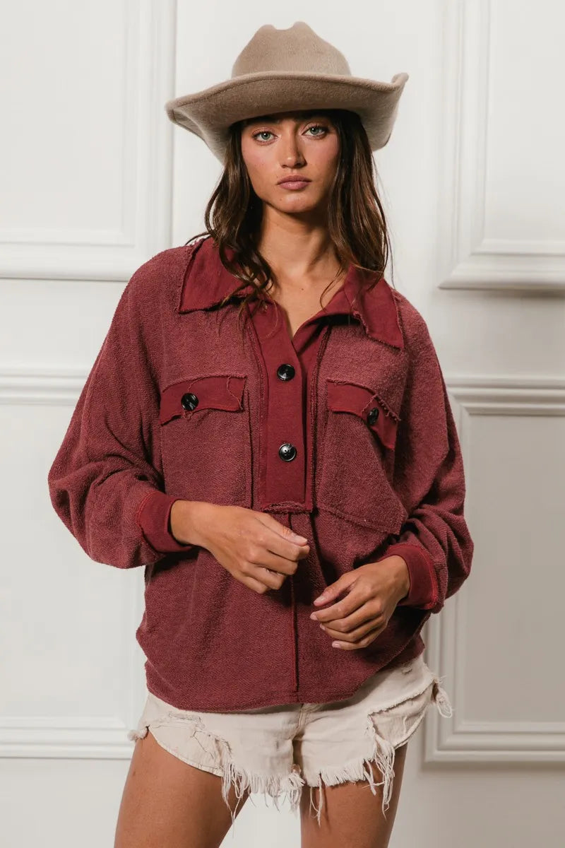 BiBi Cp French Terry Cut Edge Detail Collared Top
