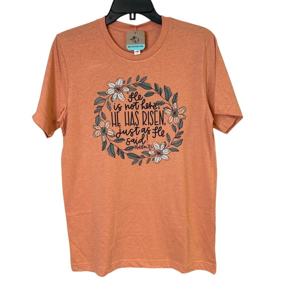 New Hand Printed Womens Medium He Is Not Here He Has Risen Jesus Easter T Shirt