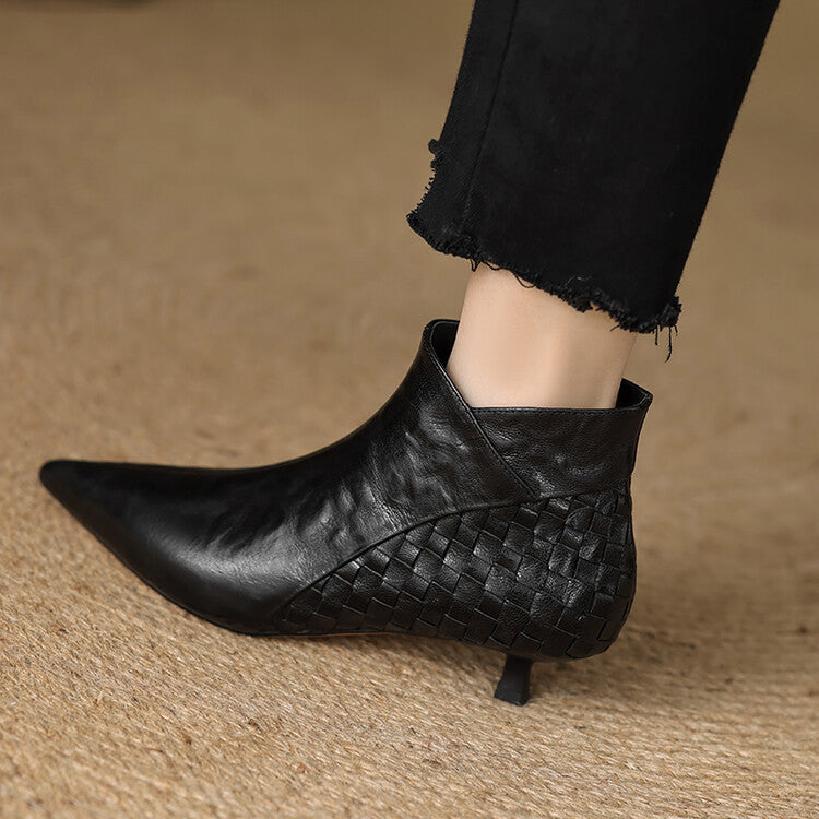 Women's Woven Full-Grain Sheepskin Ankle Boots | Pointed Toe Side Zipper Low Heel