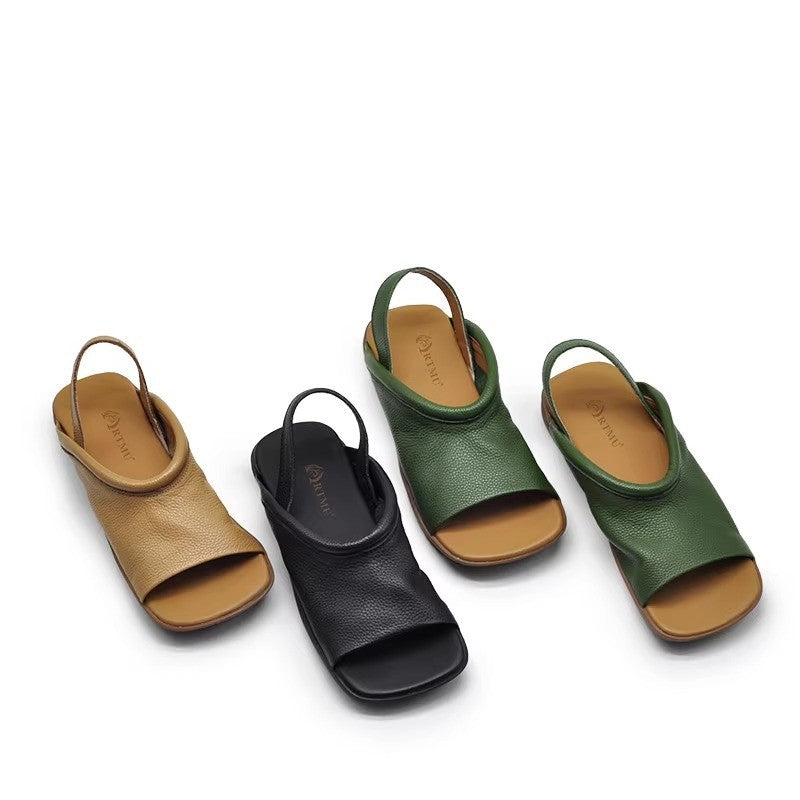 Women's Square Toe Roman Flat Sandals | Open Toe Beach Sandals | Soft PU Leather Slides