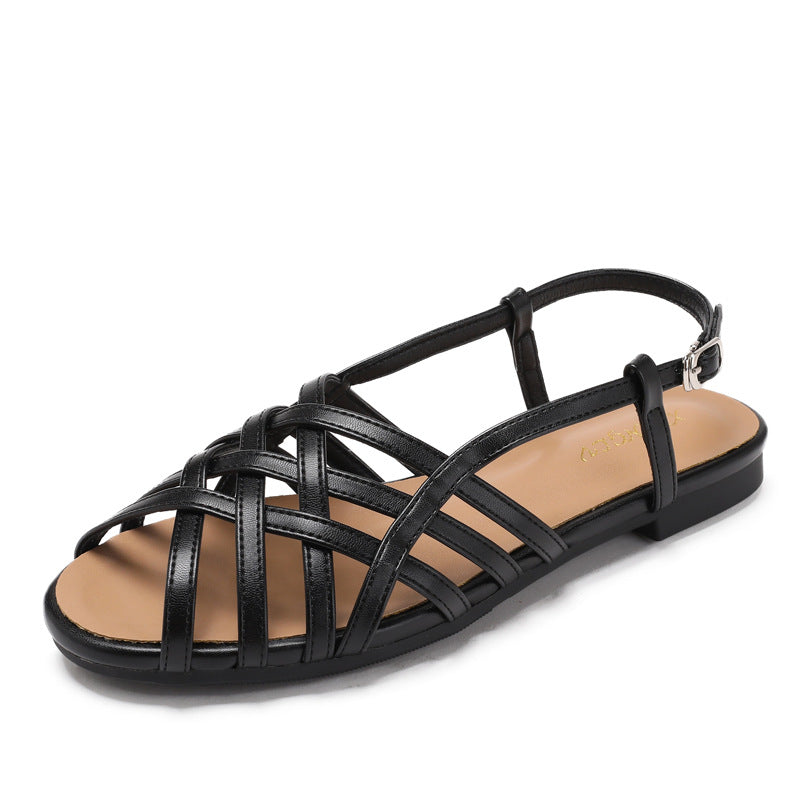 Women's Woven Openwork Sandals - Breathable Roman Style Buckle Sandals