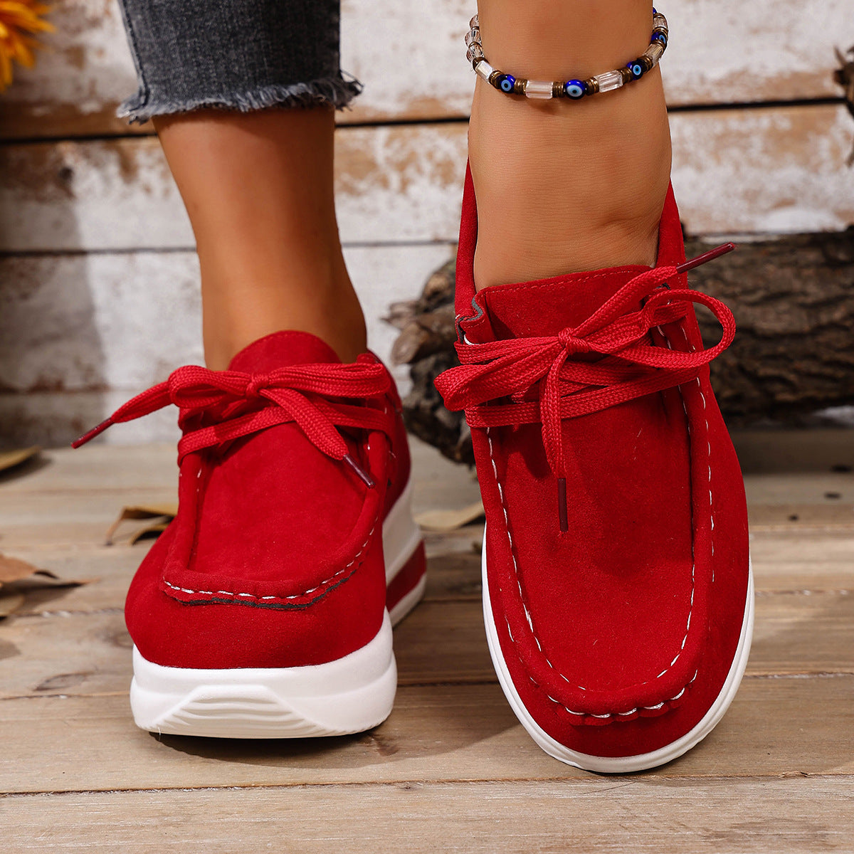 Women's Platform Loafers - Lace-Up Wedge Heel Casual Shoes