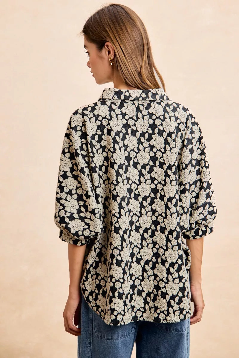 BiBi Floral Jacquard Short Dolman Sleeves Shirt