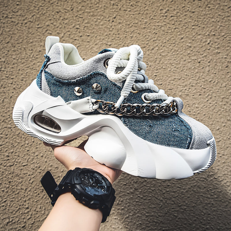 Men's Elevated Denim Sneakers - Thick Sole Casual Shoes with Height Boost