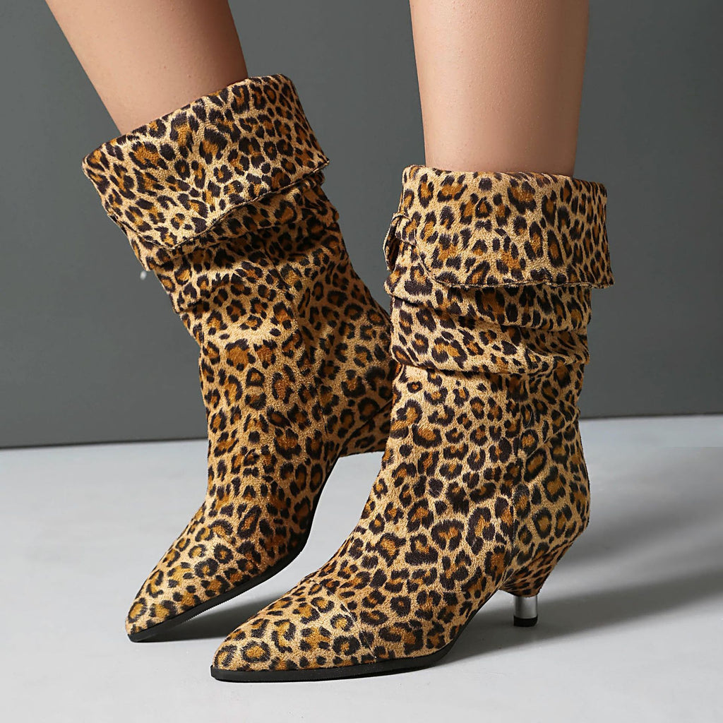 Women's Leopard Print Stiletto Heel Ankle Boots – Pointed Toe, Suede Upper, Turned-Over Cuffs