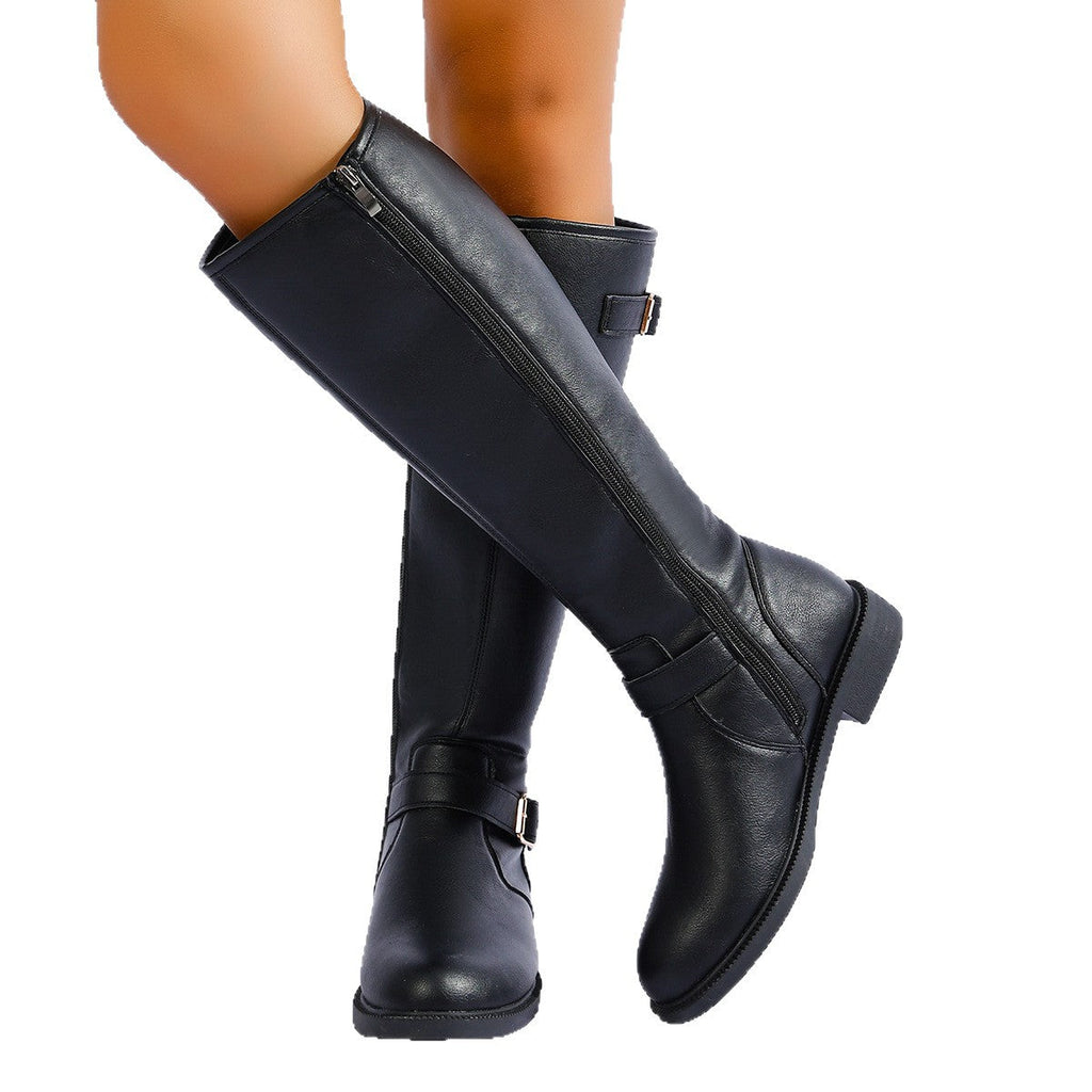 Women's Mid-Heel Straight-Leg Boots | PU Leather Side Zipper Square Heel – Sarah Express