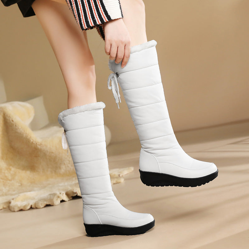 Women's Wedge Heel High-Top Snow Boots – Faux Fur Lined, Rubber Sole | Black & White