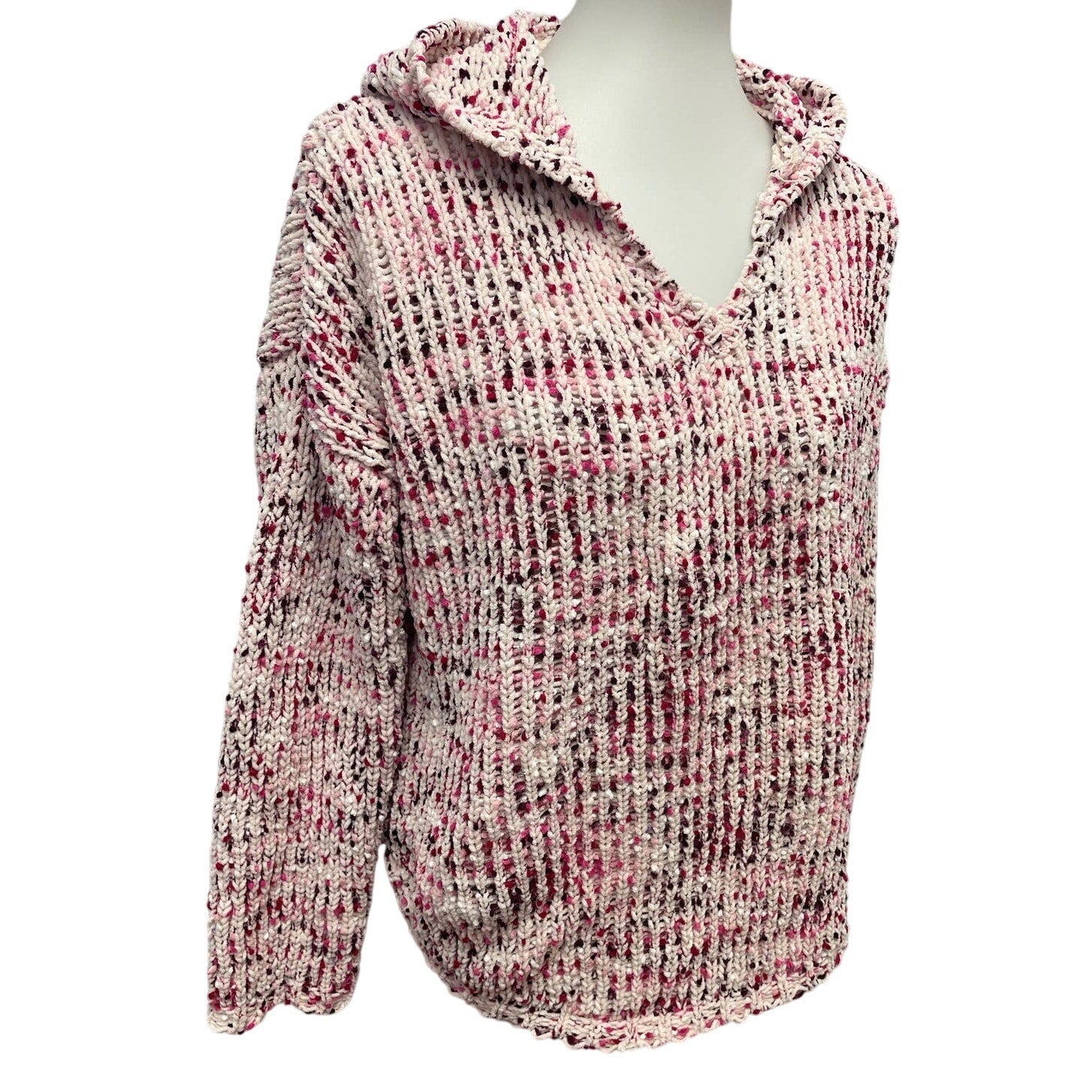 Cupio Womens Large Long Sleeve Acrylic Blend Hooded Pullover Pink White Sweater